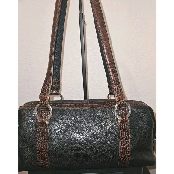 Brighton Pebbled Leather Shoulder Bag, Black Brown Croc Embossed Trim 14x8x4 - Picture 8 of 15